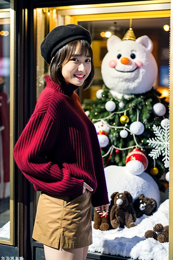 (masterpiece, best quality, perfect anatomy, highres, 8k, realistic, photorealistic, natural skin texture, no makeup:1.2),
a 20-year-old Japanese college student, cute face, nekogao, black medium hair, very large breasts, standing alone in a bustling urban area of Tokyo during the Christmas season,
the time is 3 PM, the city is slightly darkening, the air is cold, the streets are filled with glowing Christmas lights, a large Christmas tree, and many people,
shop windows are decorated for Christmas, featuring a cute snow globe, she is captivated by the snow globe, standing still, leaning forward slightly while pointing at the snow globe,
looking at viewer, shy smile, she is wearing a tight white turtleneck knit  on her upper body, a brown corduroy mini skirt on her lower body, black pantyhose, brown long boots, brown beret, 
the scene is captured from a side view, a fullbody portrait