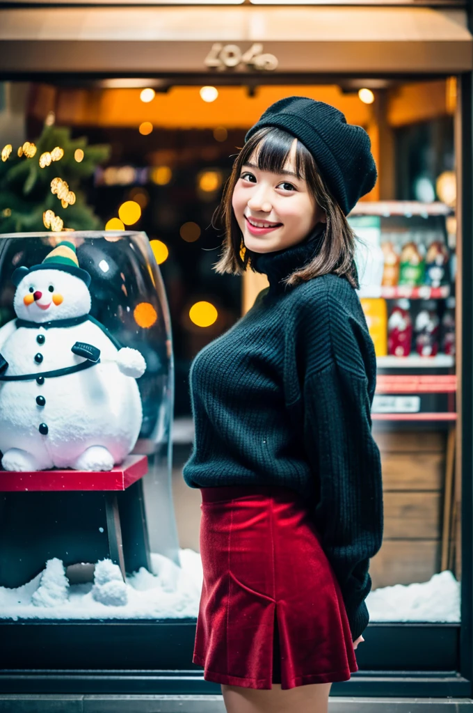 (masterpiece, best quality, perfect anatomy, highres, 8k, realistic, photorealistic, natural skin texture, no makeup:1.2),
a 20-year-old Japanese college student, cute face, nekogao, black medium hair, very large breasts, standing alone in a bustling urban area of Tokyo during the Christmas season,
the time is 3 PM, the city is slightly darkening, the air is cold, the streets are filled with glowing Christmas lights, a large Christmas tree, and many people,
shop windows are decorated for Christmas, featuring a cute snow globe, she is captivated by the snow globe, standing still, leaning forward slightly while pointing at the snow globe,
looking at viewer, shy smile, she is wearing a tight white turtleneck knit  on her upper body, a brown corduroy mini skirt on her lower body, black pantyhose, brown long boots, brown beret, 
the scene is captured from a side view, a fullbody portrait