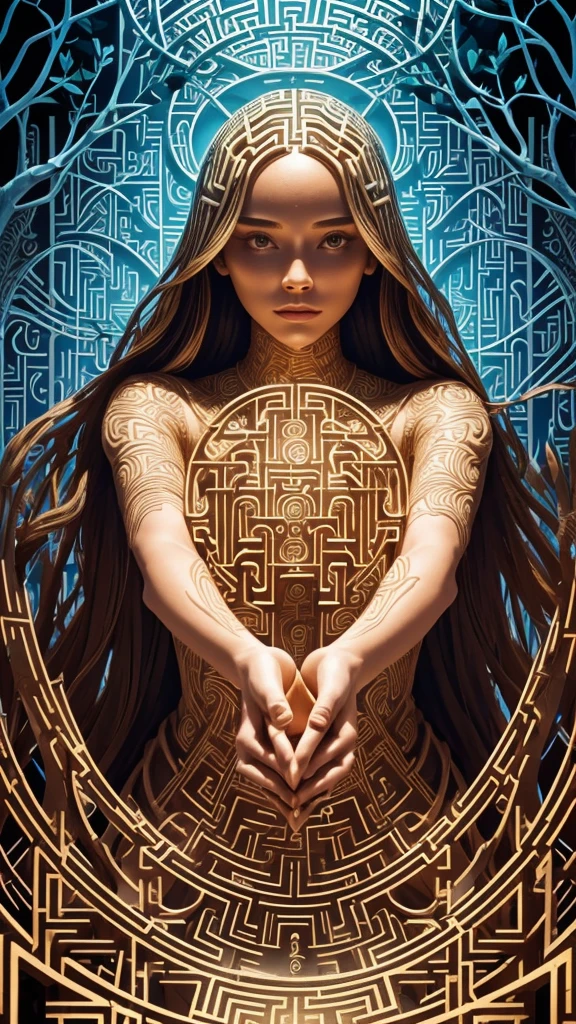 (one Woman with a body made of maze, beautiful face), 
(Hand reaching out from inside the maze),
Illustration of a complex maze,
multiple branches maze, 
features intricate lines,
fantastic perspective,
Vivid color, 
(perfect hands, perfect fingers),