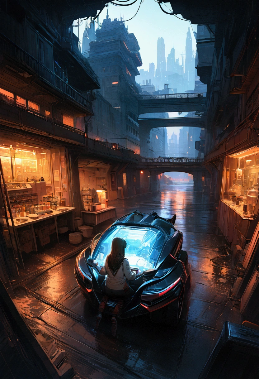 ((masterpiece)),(( top quality)),(( high detail)),(( realistic ,)) Future City,  Deep canyons ,  Architecture view from the city , Bazaar, bridge,  Cyberpunk,  European architecture , Rainy Night, neon,  futuristic motorcycles,  1 girl ,  Hatsune Miku ,  top quality, scenery,  sitting, Scientific,  analog battery indicator ,  electrical system failure ,  futuristic laboratory ,  translucent building , biological research ,  microscope vision ,  maniecheeskoestustvo modellerovania okurusai reds, Another World, oil \( skindent\), tkstyle,  very detailed, masterpiece 