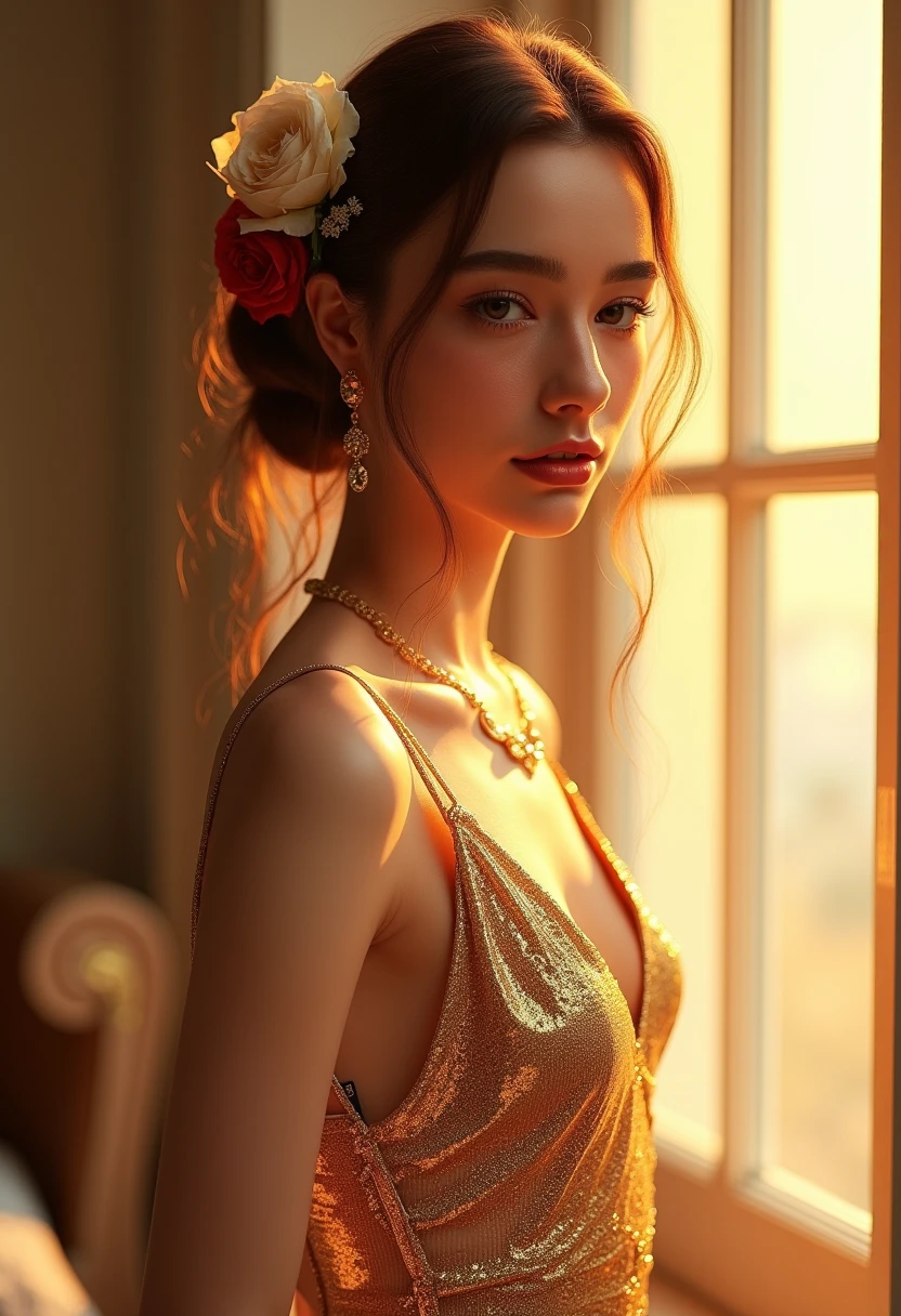 
eloquent fashion renders by julian, in the style of ilya kuvshinov, golden light, exotic realism, dan mumford, smooth and shiny, xiaofei yue, ferrania p30::3 , a skinny slim teen girl in a golden skintight suit is posing in a light room, beautiful Golden light through a window, white and red rose’s in here hair, in the style of hyper-realistic oil, asian-inspired, light silver and light magenta, illustration, shiny/glossy, glamorous hollywood portraits, detailed character illustrations :: 2, a young happy neon pink haired girl in a tight cosmic dress, i can't believe it can be so marvelous and stunning, full-body tattoos, ornate, rococo, grotesque, ornate, art nouveau, symmetrical, turquoise jewelry, red smoke, roses, hypermaximalist, elegant, vintage, hyper realistic, super detailed, pastel colors