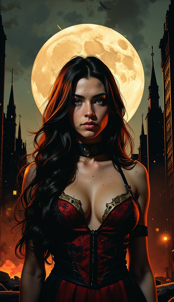 ultra wide angle, photorealistic gothic architecture castle background, Lady Death, 25 year old young woman, deep cleavage, her hair flowing, Victorian dress with red and gold details, frontal pose, moon behind the woman, castle extends to the sides, black paint flow - 8k resolution photorealistic masterpiece, intricately detailed, full moon in the background, painting: acrylic: colored watercolor, cinematic lighting, maximalist photo illustration: for Martin Bobzert: 8k resolution concept art, intricately detailed, complex, elegant, expansive, psychedelic fantasy realism, in the abyss of empire estate, night, blood moon, buildings, reflections