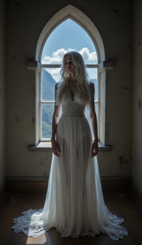 In a dimly lit room, a woman with long white hair styled as the iconic "Isabella" stands tall. Her eyes are closed as she gazes out at the world below. Joyful, Modern Art, studio lighting, Lomography, aidmaimageupgrader