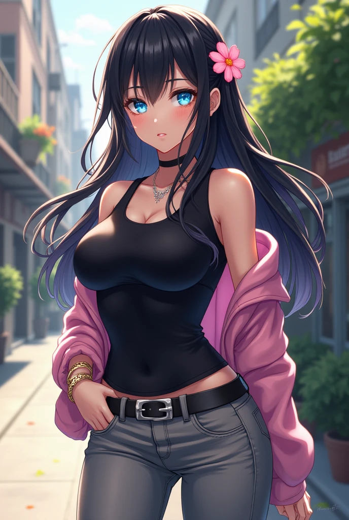 Just one girl,white skin,(glow up),Best quality, 4k, high resolution, body stuck outfits, perfect smile, light skin, ahegao face, purple eyes,(eye's colour is purple(beautiful eyes),detail eyes, realastic eyes, long hair , long hime-style cut (hair colour is black) ,straight hair, hime cut hair, wearing a tank (tank top is black colour) and wearing gym leggig ( gym pants), clothes are stuck in body, bodyfit outfit,1 girl, solo, seductive look, elegance and charm, (masterpiece, best quality, high resolution), looking at the viewer, standing, (intricate and beautiful:1.2), (detailed light:1.2), (soft light, side light), (high resolution textures) , outdoor, white skin girl ,outdoor background, sun light, attractive, sexy, mature and hot, young,(masterpiece:1.3), (disorganized:1.3), (highest quality:1.3), perfect ???????, detailed face, front view, perfect right hands, looking at viewer, (Super detailed:1.3), (best shadow:0.7), (treated hair), fine eyes, beautiful eyes, young aged woman, alone, standing, crystal earrings,closed_mouth, , outdoors, arrogant face, small ,outfit detail,
Correct outfut details,thick thighs,