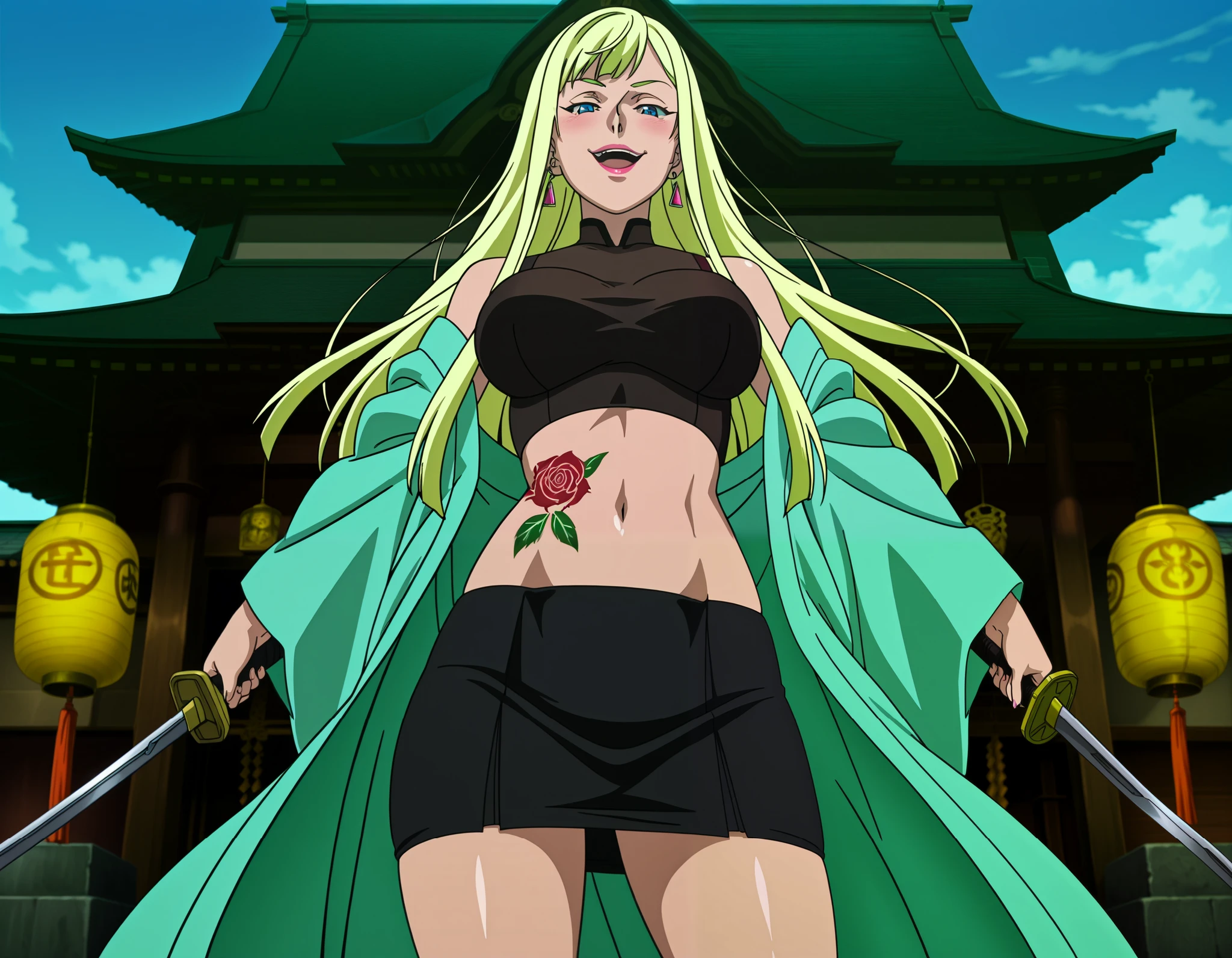 1girl,solo,Andalucia,blonde hair,long hair,blue eyes,earrings,anime coloring, large breast,
ear piercing, long hair, blush, lipstick,Hot girl, sensual, attractive, masterpiece, best quality, highly detailed, a anime girl in kimono dress ,holding sword, bare
shoulder,open kimono, evil smile, open mouth, crop top , (nsfw) not safe for work, smile, ecchi anime
style, anime girls, ecchi style, ecchi, digital anime art!!, in anime style, official artwork, visual novel cg,
beautiful anime girl, anime style 4 k, kimono pencil skirt, exposed belly, exposed navel, ,in a palace,
exposed midriff, exposed lower belly, outdoor, japanese architecture, temple,, dual wielding ,, dragon tattoo, tattoo on body, tattoo midriff, rose tattoo, shiny skin, open arms sideway, arms T-pose, smirk, standing, anime girl T posing