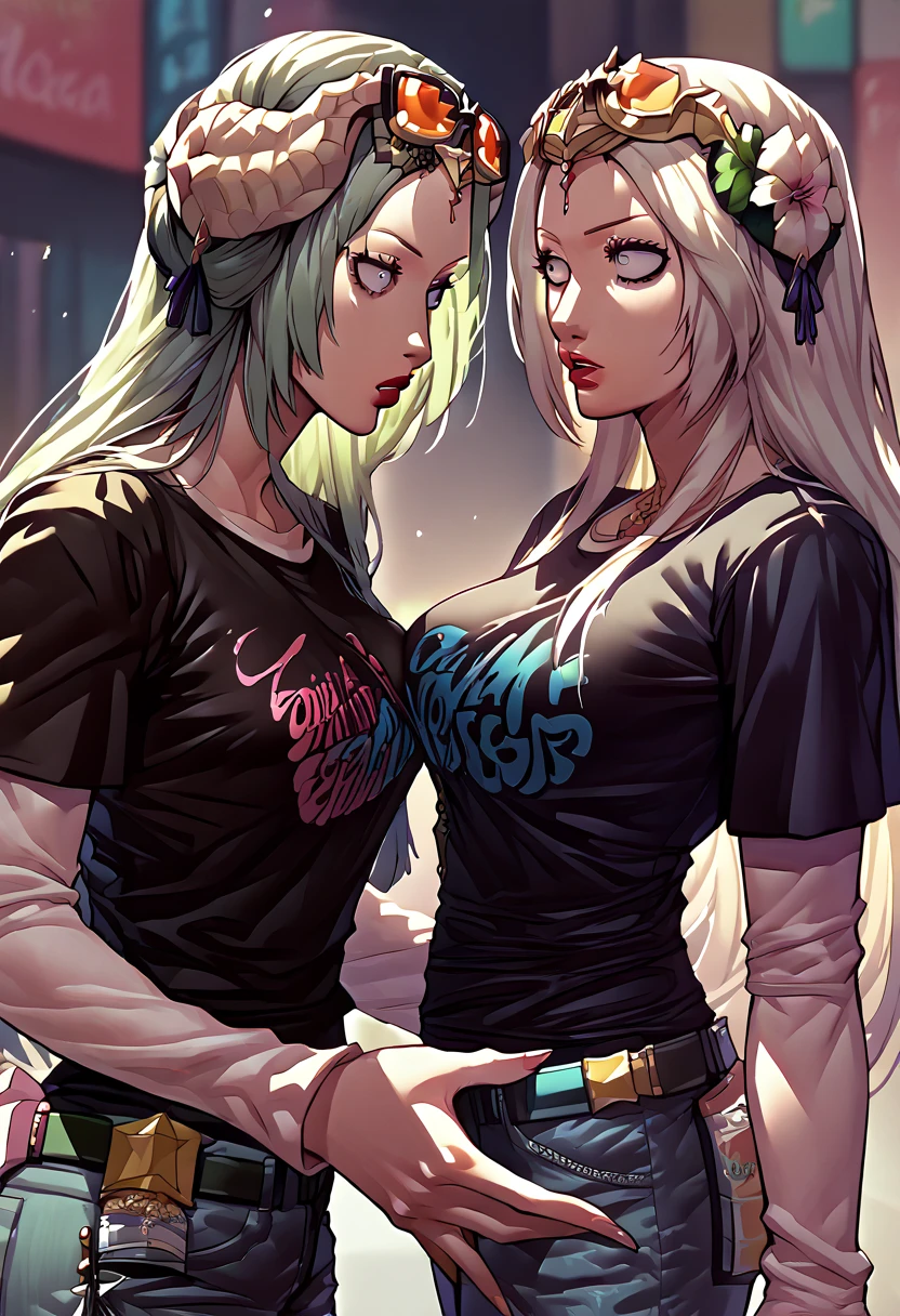 2 girls, sunglasses on head, lipstick, black t-shirt, clothes writing, layered sleeves, large breasts, jeans, Rhea, Edelgard Von Hresvelg,