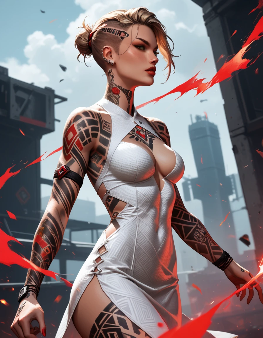 Score_9, score_8_up, score_7_up, MEJack, 1girl, slim figure, dark blonde hair, (green eyes), messy bun hairstyle, undercut hairstyle, tattoo,tattooed body, chest tattoo, wearing white bodycon dress, (sideless dress), keyhole cutout, (((red) psychic energy in hands)), (combat stances), wide angle, t4ts