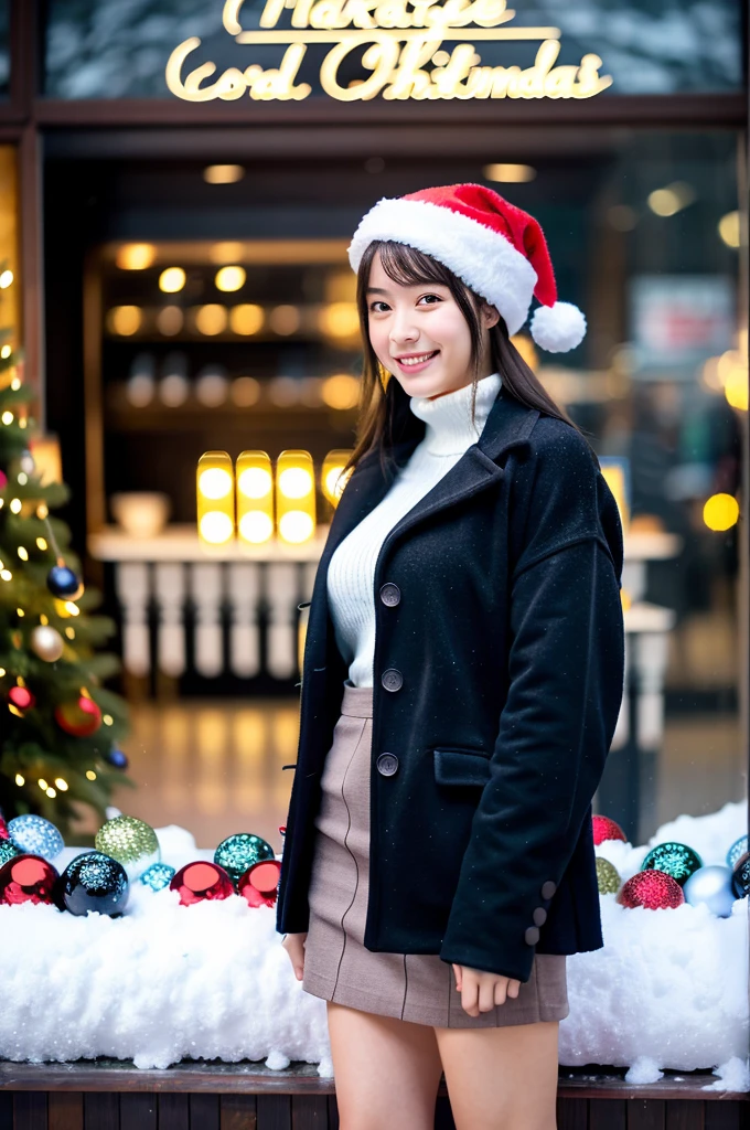 (masterpiece, best quality, perfect anatomy, highres, 8k, realistic, photorealistic, natural skin texture, no makeup:1.2),
a 20-year-old Japanese college student, cute face, nekogao, black medium hair, very large breasts, standing alone in a bustling urban area of Tokyo during the Christmas season,
the time is 3 PM, the city is slightly darkening, the air is cold, the streets are filled with glowing Christmas lights, a large Christmas tree, and many people,
shop windows are decorated for Christmas, featuring a cute snow globe, she is captivated by the snow globe, standing still, leaning forward slightly while pointing at the snow globe,
looking at viewer, shy smile, she is wearing a tight white turtleneck knit  on her upper body, a brown corduroy mini skirt on her lower body, black pantyhose, brown long boots, brown beret, 
the scene is captured from a side view, a fullbody portrait