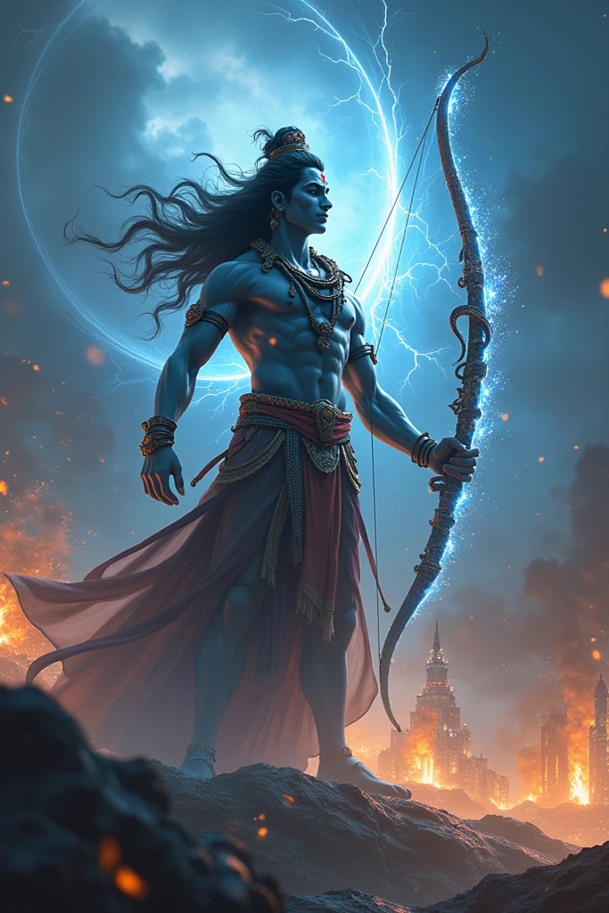 Create a realistic image where a man wearing Indian traditional dress about the time of Mahabharata, he's holding a dhanus in the air aim, in background there's is a blue and black shadow of lord Shiva , at the bottom of the image "Arjun" is written in traditional style and there is a 🔱 between the name