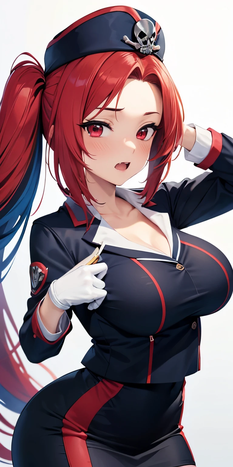 1 Female,High definition,high resolution,Ultra-realistic,8K, 1girl, solo, red hair, red eyes, twintails, employee uniform, pencil skirt, skull print, navy cap, fang, black legwear, white gloves, large breasts,European,sexy,Upper body close-up,Photographed from the front,Dynamic Angles,(blush), (medium tits) , multicolored hair 