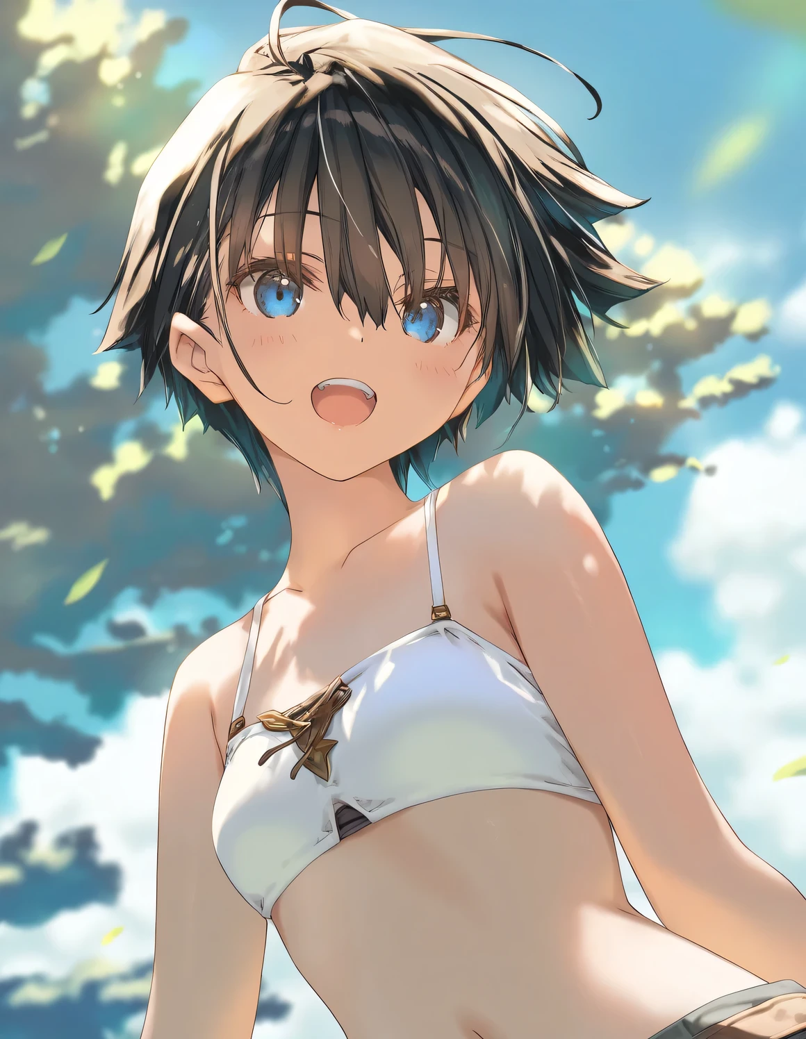  masterpiece, Mountainous Regions,   desert, Black Hair,  blunt bangs, short hair, Ahoge, blue eyes, (((White micro bikini with sheer nipples))), 1boy, open mouth,  ((glaring)), spread legs, abs, Sweat, front,  arms behind head, Small breasts, disdain 