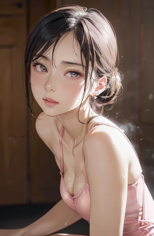 (((Masterpiece))), (((portrait))), Kujou Sara, diffused light, dynamic shadows, sharp focus, realistic, detailed, highres, absurdres, white background, no bra, photorealistic, lifelike, wet, mascara, blushing, sleeveless, youthful appearance, pee stain, white , (((nudist))), (((sweept bangs))), (((side braided ponytails)))