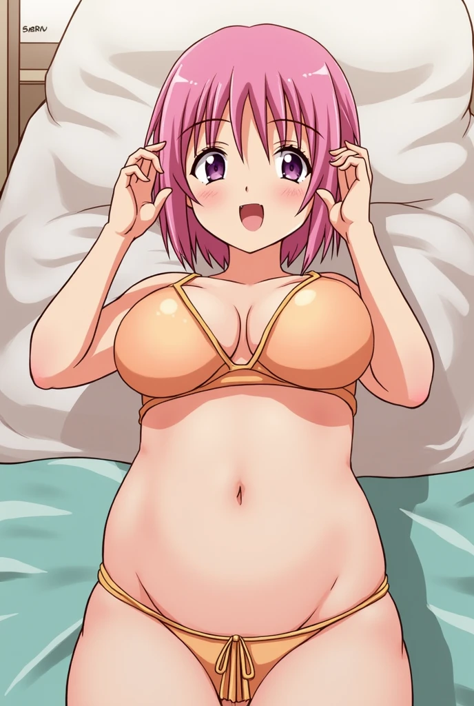 masterpiece, best quality, ultra detailed, best illustration, nsfw, 1girl, one-piece swimsuit, nakano nino, pink hair, butterfly hair ornament, nipple, nude, pussy, love juice