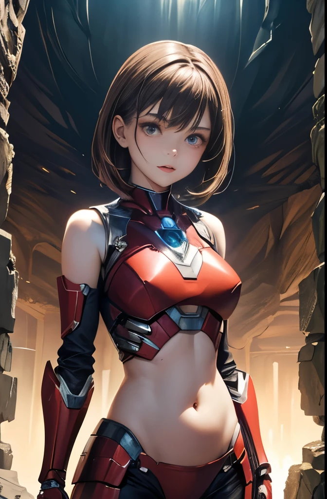  top quality　Battle between female warriors and zombies、  beautiful brown-haired woman  (Mid-chest、 slim)　 blue mechanical armor similar to Iron Man( fine details、 Sleeveless、 off shoulder、off elbow、My chest is showing、 belly button out)、Exposed thighs、 zombies、 Inside the Cave(Skeleton Rolling )