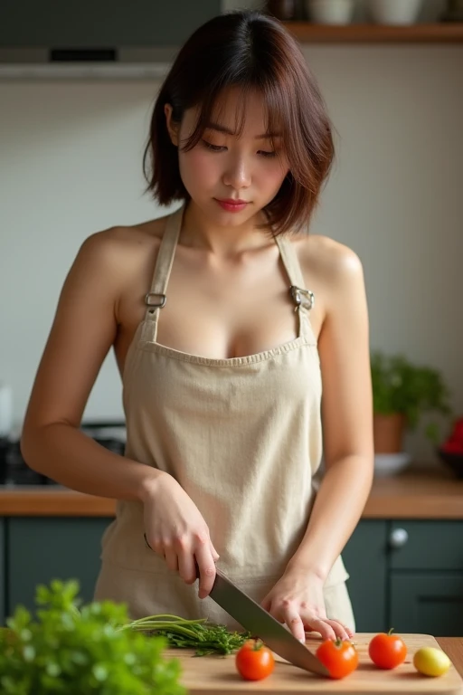 (top quality, 8k, masterpiece: 1.3), beautiful woman with perfect figure: 1.4, dark brown short hair, naked and wearing apron, in the kitchen, very detailed face and skin, detailed eyes, double eyelids, naked, smiling