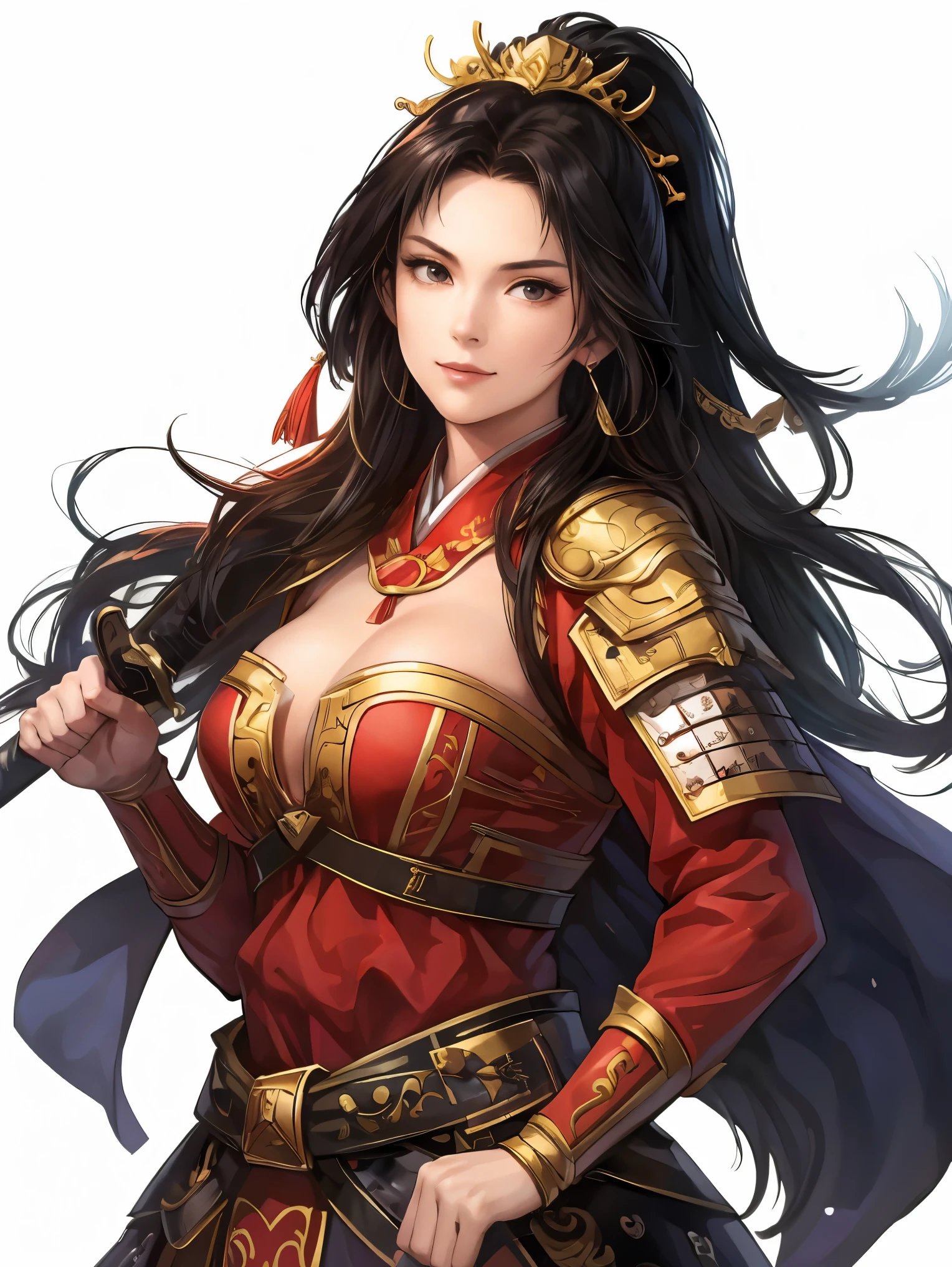 Beautiful black-haired woman :1.3, Amazing Character Art, Hanfu,(( pure white background)), ( top quality), handsome,Beautiful female knight, 2. 5D CGI fantasy artwork, detailed digital art , Very nice work of art, fan Art Best Art Station, ( RED VELVET LONG CAPE ),(warrior:1.2)( No Emotion),Exquisitely drawn hands 、 I'm putting my hands on my lower back,He has a sword on his waist、 facing the front、 wears a sword through the 、Chinese Armor,From the waist up、One woman、 faint smile 、White space above the head,Red Armor、 The chest part of the armor is wide open、 with exposed breasts 、