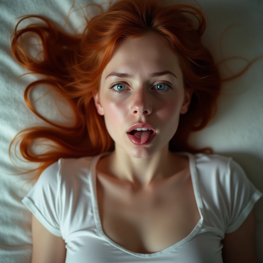 Photo of a ginger Russian girl on her knees looking up at the camera, pov, eye liner, bedroom, mouth open, eyes closed, white lingerie, lying on bed, american shot