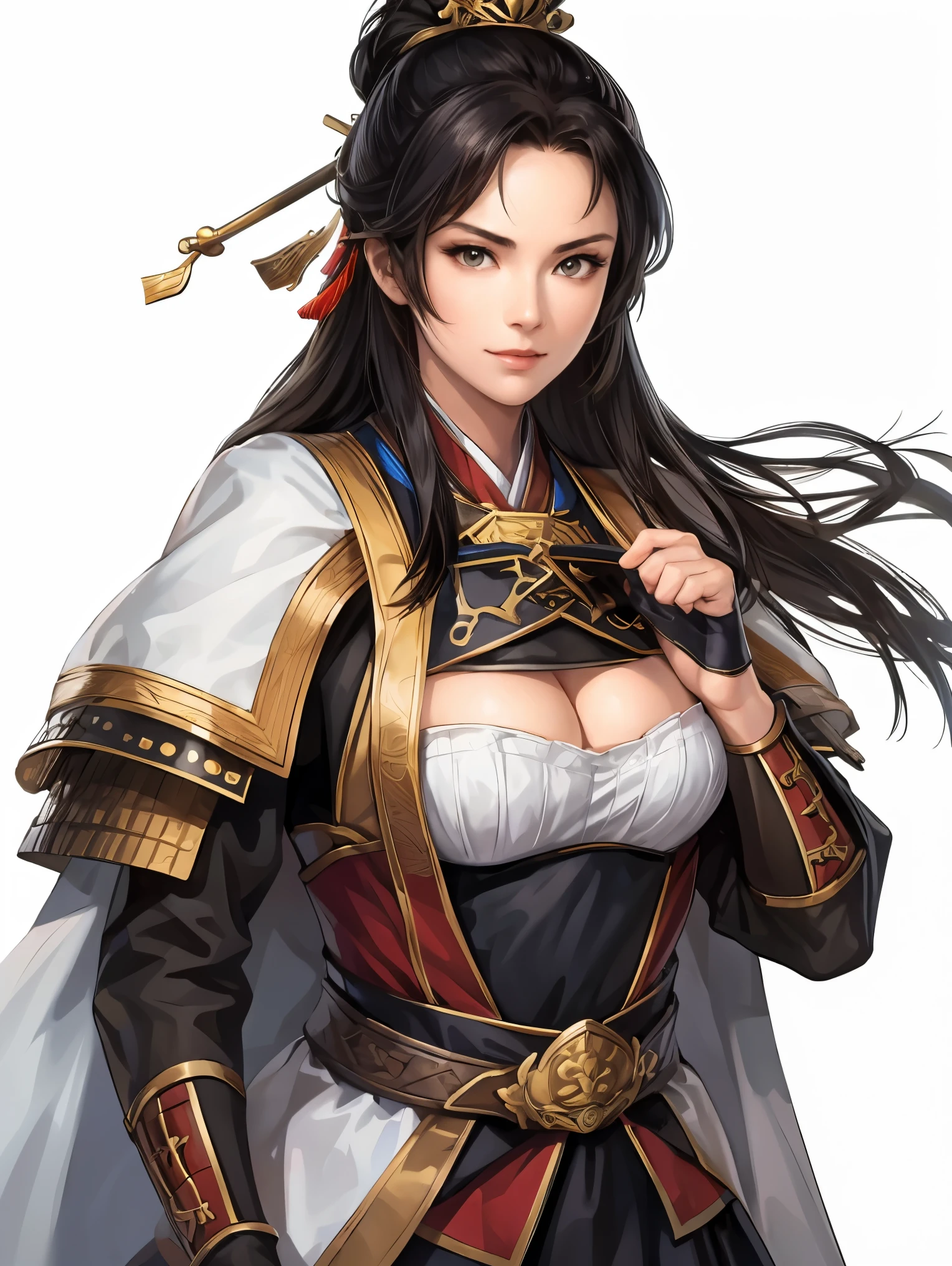 Beautiful black-haired woman :1.3, Amazing Character Art, Hanfu,(( pure white background)), ( top quality), handsome,Beautiful female knight, 2. 5D CGI fantasy artwork, detailed digital art , Very nice work of art, fan Art Best Art Station, (black velvet long cape),(warrior:1.2)( No Emotion),Exquisitely drawn hands 、 I'm putting my hands on my lower back, facing the front、Chinese Armor,From the waist up、One woman、 faint smile 、White space above the head,Red Armor、 The chest part of the armor is wide open、 with exposed breasts 、
