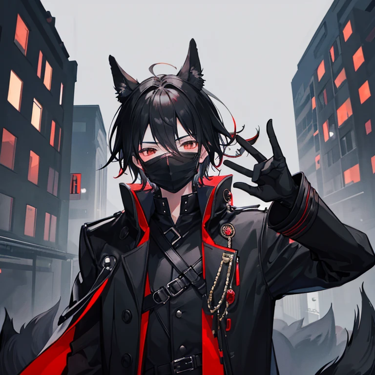 1boy, black heir,  ((black red long coat)), (((black fox mask))),hand up,mask on hand,covering face, no background
