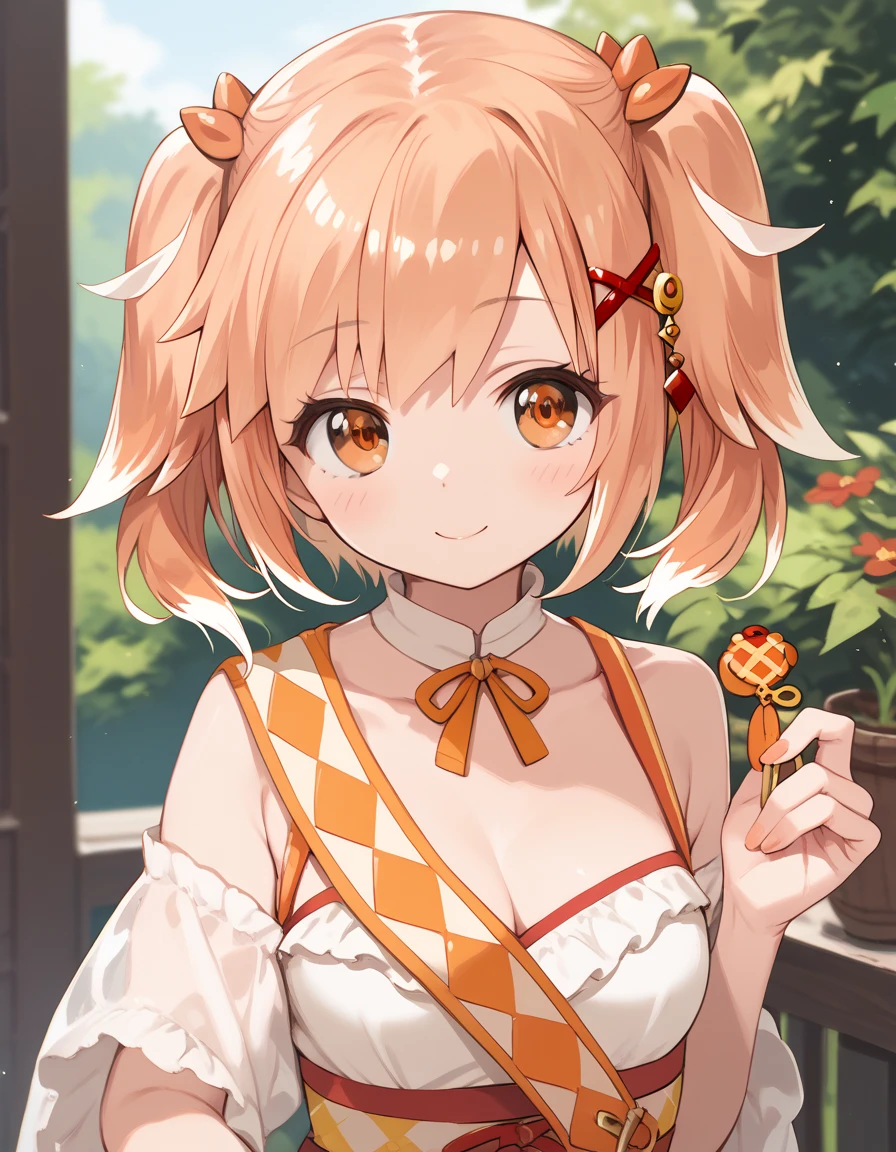 score_9, score_8_up, score_7_up, score_6_up, score_5_up, score_4_up, mgrcfuminosayuki, orange hair, two side up, orange eyes, orange hairpins, red hairclip,