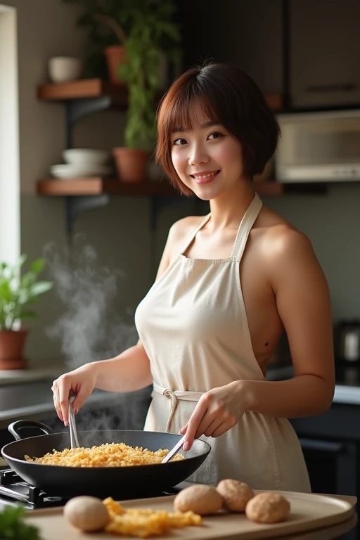 yellowApron, sexy, big boobs, in kitchen, 8k resolution, full body, cute girl, curly hair, no panties, sexual expression, armpits,
