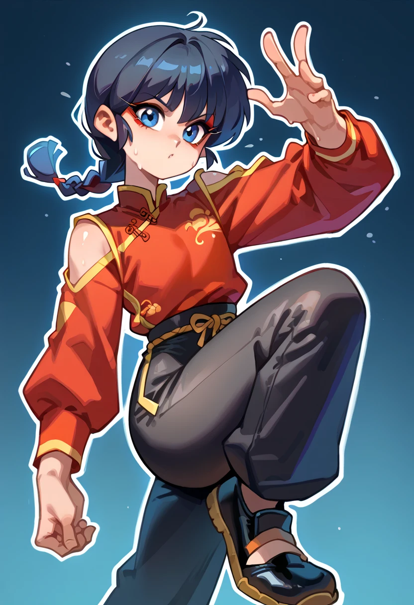 black outline , white outline, thick outline, red eyeliner, ((1 boy)), male focus, (male:1.4), black hair, single braid, ranma, blue eyes, coloring, Chinese clothing, tangzhuang, red shirt, prominent veins, tied pants, black pants, dynamic poses , ((fighting poses)), big shoulders,sweat, black shoes, chinese shoes, flat chest