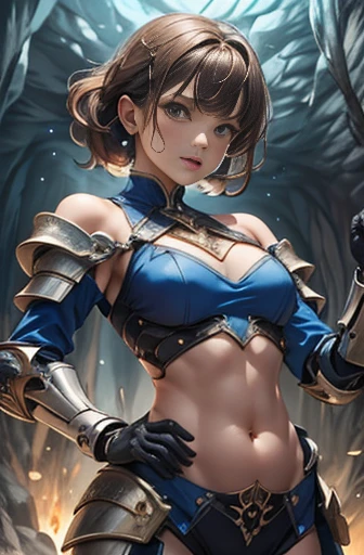  top quality　  beautiful brown-haired woman  (Mid-chest、 slim)　cobalt blue mechanical armor( fine details、 Sleeveless、 off shoulder、off elbow、My chest is showing、 belly button out)、 fighting pose、 in a dark cave