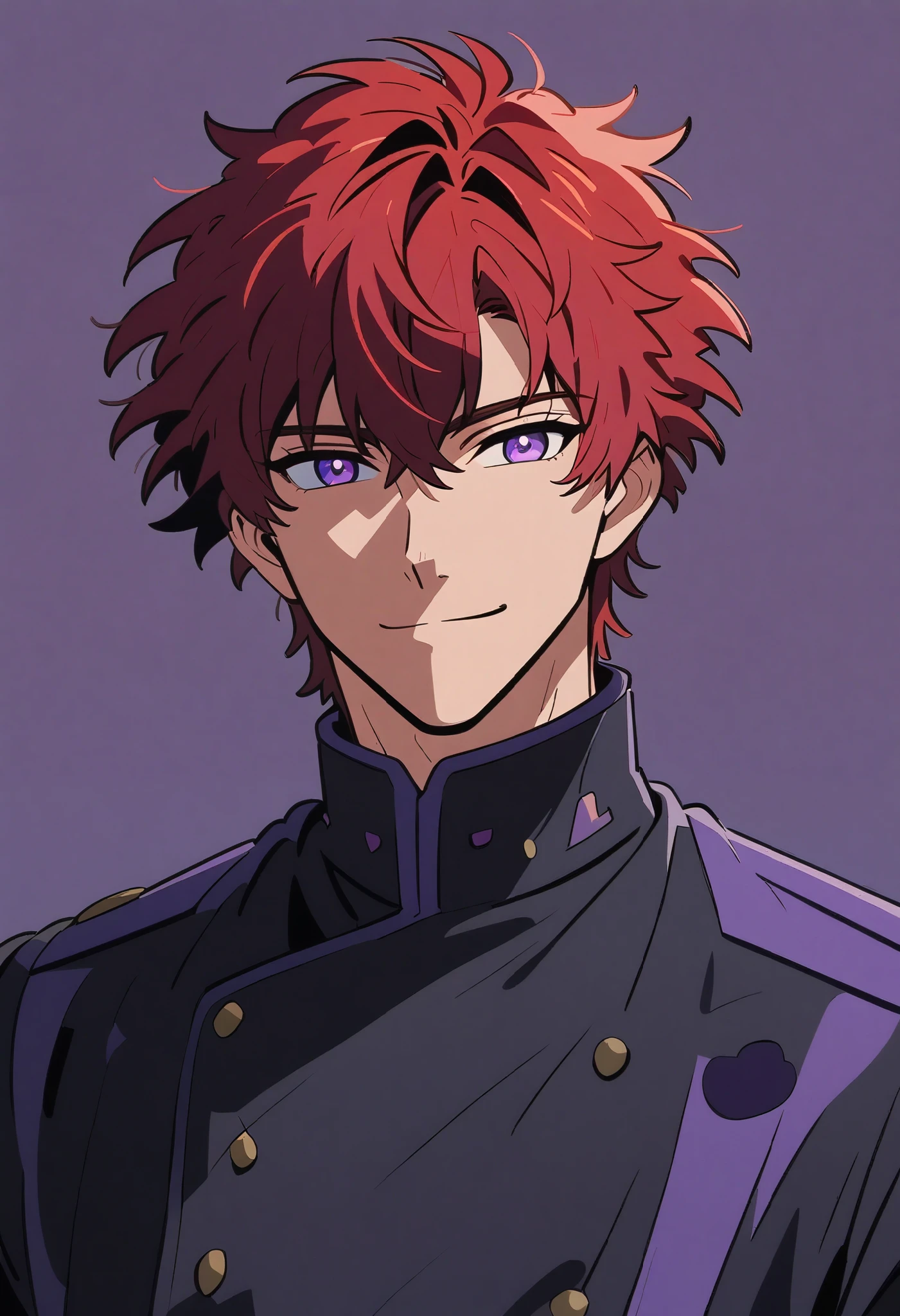 handsome, Alone, 1 male, red hair, purple eyes, 1 man, smiling, wearing uniform , handsome man, black uniform, short hair, messy hari Animated Style,  Animated Style,  Simple Background,  violet eyes costume, 
 Light smile, 