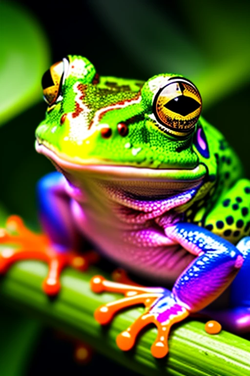 A black and neon multicolored frog sits on a treebranch in s tropical rainforest and vomits blood and green slime into a humongous bullfrog's mouth who has psychedelic spiral patterns on his eyeballs and is green and blue. Spiders nearby watch intently. Photorealistic, cinematic,realism, hyperreality, macro photography, cinematic portrait, realistic, photo- realistic, realisticism, UHDR, ultra detailed images 