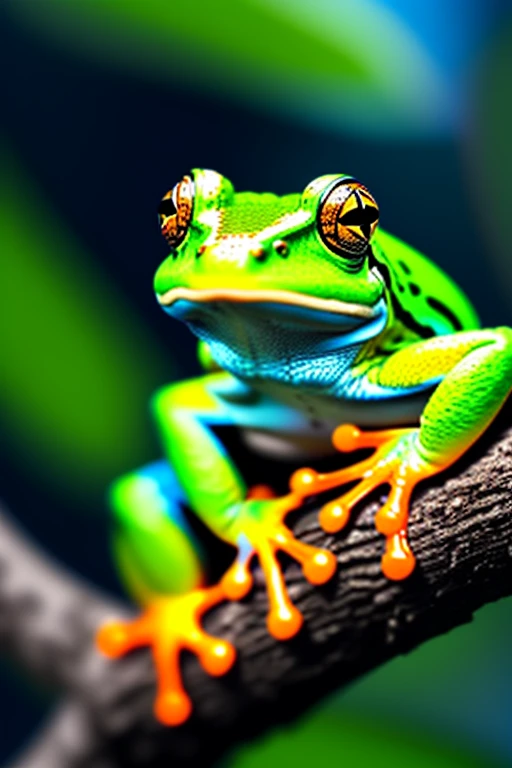 A black and neon multicolored frog sits on a treebranch in s tropical rainforest and vomits blood and green slime into a humongous bullfrog's mouth who has psychedelic spiral patterns on his eyeballs and is green and blue. Spiders nearby watch intently. Photorealistic, cinematic,realism, hyperreality, macro photography, cinematic portrait, realistic, photo- realistic, realisticism, UHDR, ultra detailed images 