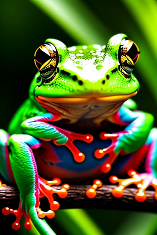 A black and neon multicolored frog sits on a treebranch in s tropical rainforest and vomits blood and green slime into a humongous bullfrog's mouth who has psychedelic spiral patterns on his eyeballs and is green and blue. Spiders nearby watch intently. Photorealistic, cinematic,realism, hyperreality, macro photography, cinematic portrait, realistic, photo- realistic, realisticism, UHDR, ultra detailed images 