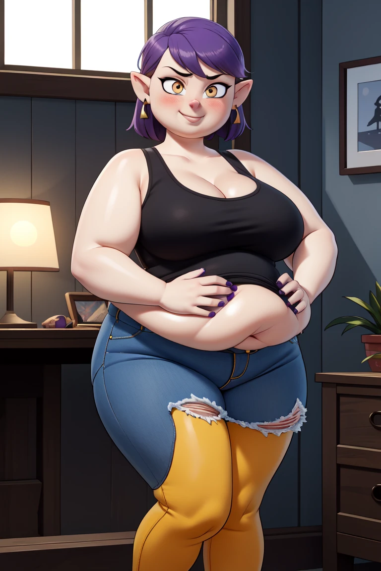 (masterpice, best quality), AmityBlight (obese figure:1.5), short height, young, makeup, black earrings, yellow eyes, short hair, (purple hair:1.4), pointed ears, (((tank top))), small breasts, (((cleavage))),amulet, (((tight jeans))) , standing, looking at viewer, seductive smile, naughty face, nose blush,(clothes that fit your big, fat body size).