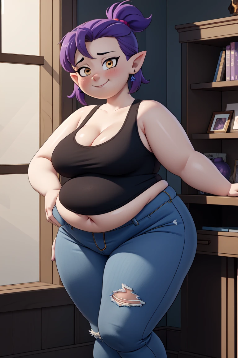 (masterpice, best quality), AmityBlight (obese figure:1.5), short height, young, makeup, black earrings, yellow eyes, short hair, (purple hair:1.4), pointed ears, (((tank top))), small breasts, (((cleavage))),amulet, (((tight jeans))) , standing, looking at viewer, seductive smile, naughty face, nose blush,(clothes that fit your big, fat body size).