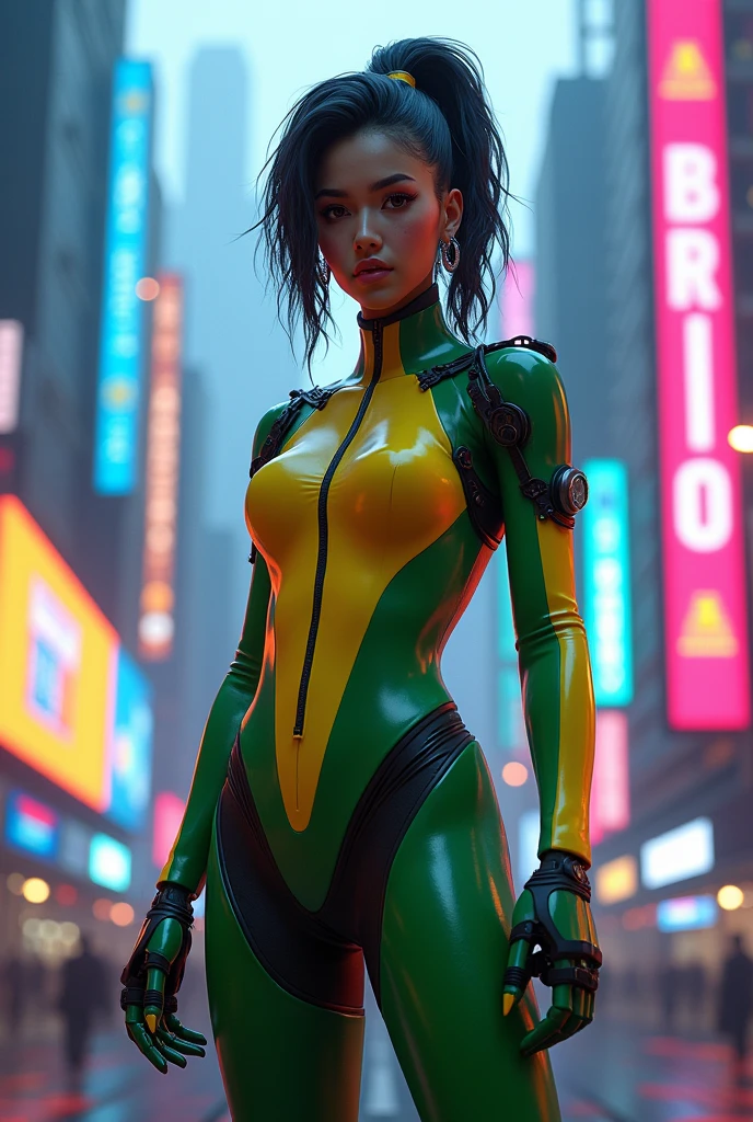 looking down on the camera,full body shot shot,Cyberpunk Style,She has six robotic arms,(Best quality,4K,A high resolution,Ultra-detailed:1.2),Vivid colors,Sharp focus,Physically-based rendering,Extreme detail description,professional,Portrait,Mechanical transparent waist,Long white cascading hair,Perfect facial features,Incredible breasts hang in front of you, Unbelievably exaggerated big buttocks, Wide hips, Incredibly long muscular legs take up two-thirds of the body,Glamorous knitted heels,Unbelievable,Extremely detailed eyes and face,Long eyelashes, Confident and powerful facial expressions,Stand in the futuristic garden, vibrant setting, Colorful flowers and plants,Soft sunlight casts a warm glow on the spot.
