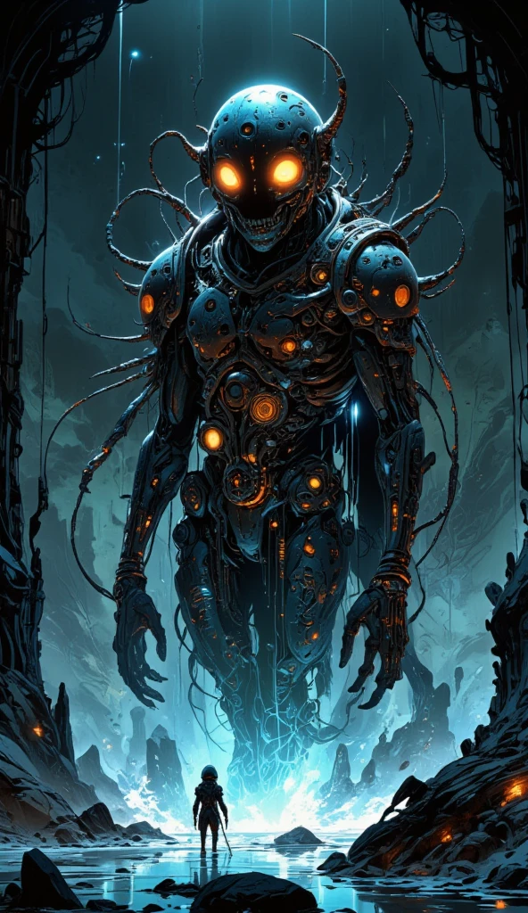 full body shot A menacing alien cyborg attack hides in the shadows, its grotesque and ferocious malevolens insidius, biomechanical form exuding a chilling presence in the engulfing darkness.stylized glitchy illustration. crazy weird art.