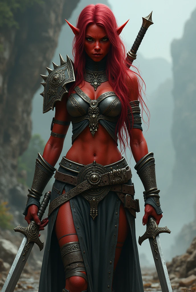 demon girl, barbarian, red skin, straight black hair, detailed facial features, intense expression, muscular body, leather armor, holding a large broadsword, fantasy landscape, dark clouds, dramatic lighting, cinematic composition, photorealistic, hyper detailed, masterpiece, Purple eyes, Full body

