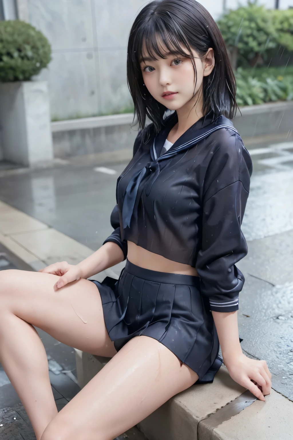  Masterpiece、( top quality:1.4)、1girl、(nsfw)、 super detailed 、low angle　 black hair、 Belly Shorthair、parted hair　 big eyes、Forehead、 small face　日本の女子高生の sailor suit、 sailor suit、 skirt、プリーツ skirt、see-through、see-through brassiere、 small breasts、 Soft Thighs、 thick thighs、 Back of Thigh 、 long foot、 small butt、 panties、panty　 Soaking、 hair wet 　 sit on the ground、Sit with both knees up、 bend your knees 、Bold leg spread、Sitting on concrete　rain、(Rain)、Puddle、concrete background　 real light 、 realistic shadows