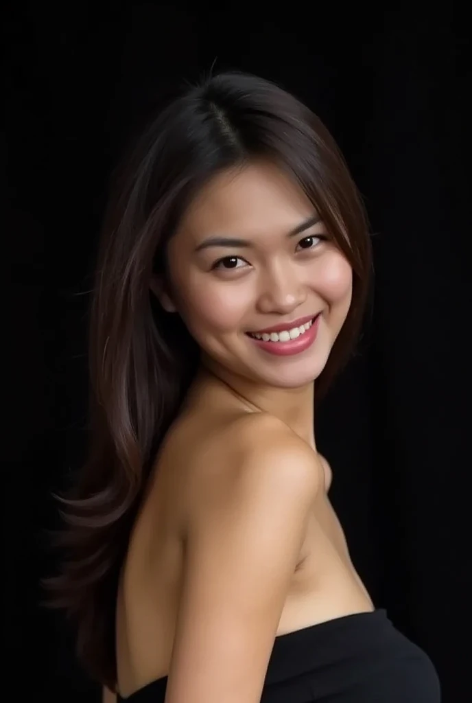 masterpiece of a 27 year old indonesian woman,full nude, totally nude, wearing heels, sitting elegantly in a chair like a model, elegant pose, faint smile, very detailed, black background, photoshot, photography, realistic, full body frame, full frame, High Resolution, Best Quality