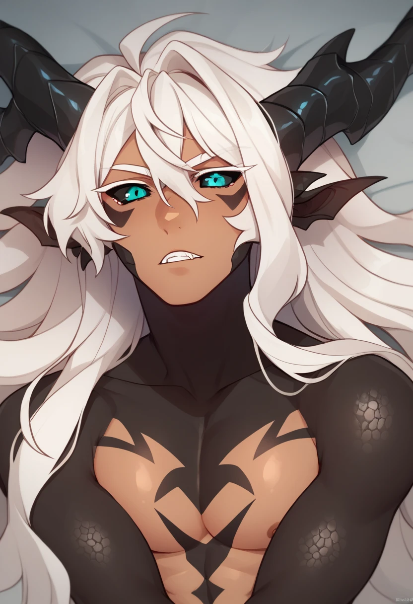 Solo, Tall tanned man with messy wavy white hair, long hair, draconic boy, gradient skin,  black scales, ((black sclera)),  heterochromia, teal eye and magenta eye, white eyelashes , abyssal Khaenri'ah, irminsul bodymarks