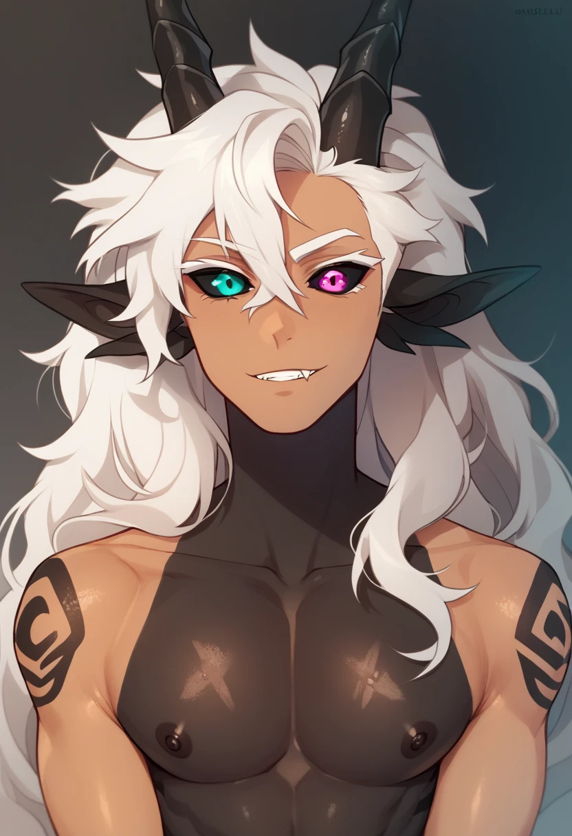 Solo, Tall tanned man with messy wavy white hair, long hair, draconic boy, gradient skin,  black scales, ((black sclera)),  heterochromia, teal eye and magenta eye, white eyelashes , abyssal Khaenri'ah, irminsul bodymarks