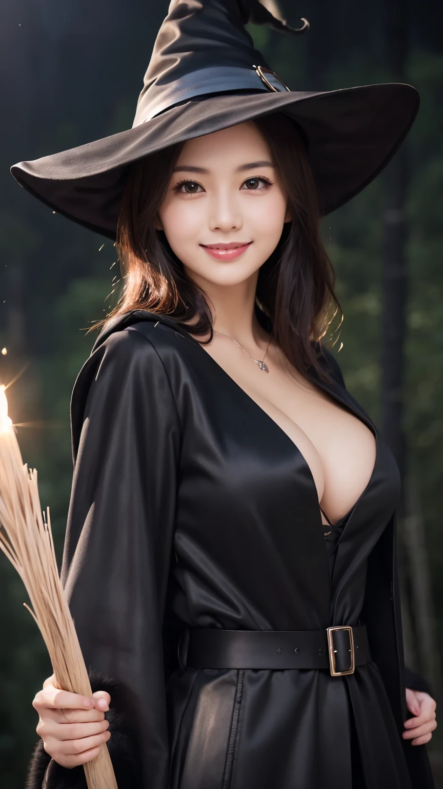 ( witch costume : 1.5), (upper body : 1.5), (Wear a black coat  : 1.5), , smile, (Dark Forest Backdrop  : 1.5), young and adorable Japanese face, Official Art, high definition CG Unity 8k wallpaper,Ultra high definition ,Very detailed, half photos with Brazil, high definition , Kodak Portrait 400, film grain , lens flare glow, best quality,8k, as a portrait shot,8k, Show viewer , ((Black cat beside  : 1.3)), (( best quality)), ( super detailed), smile, (( sexy)), (( Very detailedな)), (detailed clothing features), (beautiful), Illustration, beautiful Japanese woman, ((1 female)), (Bold Cleavage : 1.3)