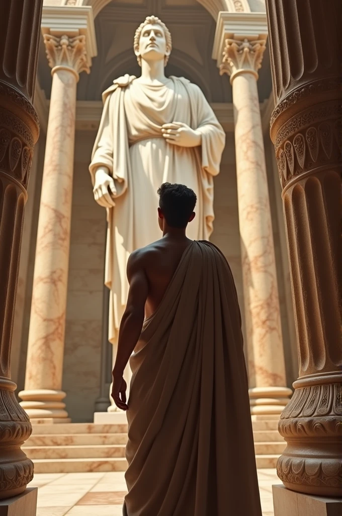 Young strong hairy and bearded Brazilian mixed race man in white underwear, Islamic cap on the head, standing, in a large white hall with their hands raised and pointing towards the strong statue of Zeus. chemise, jeans, socks and shoes on the floor.