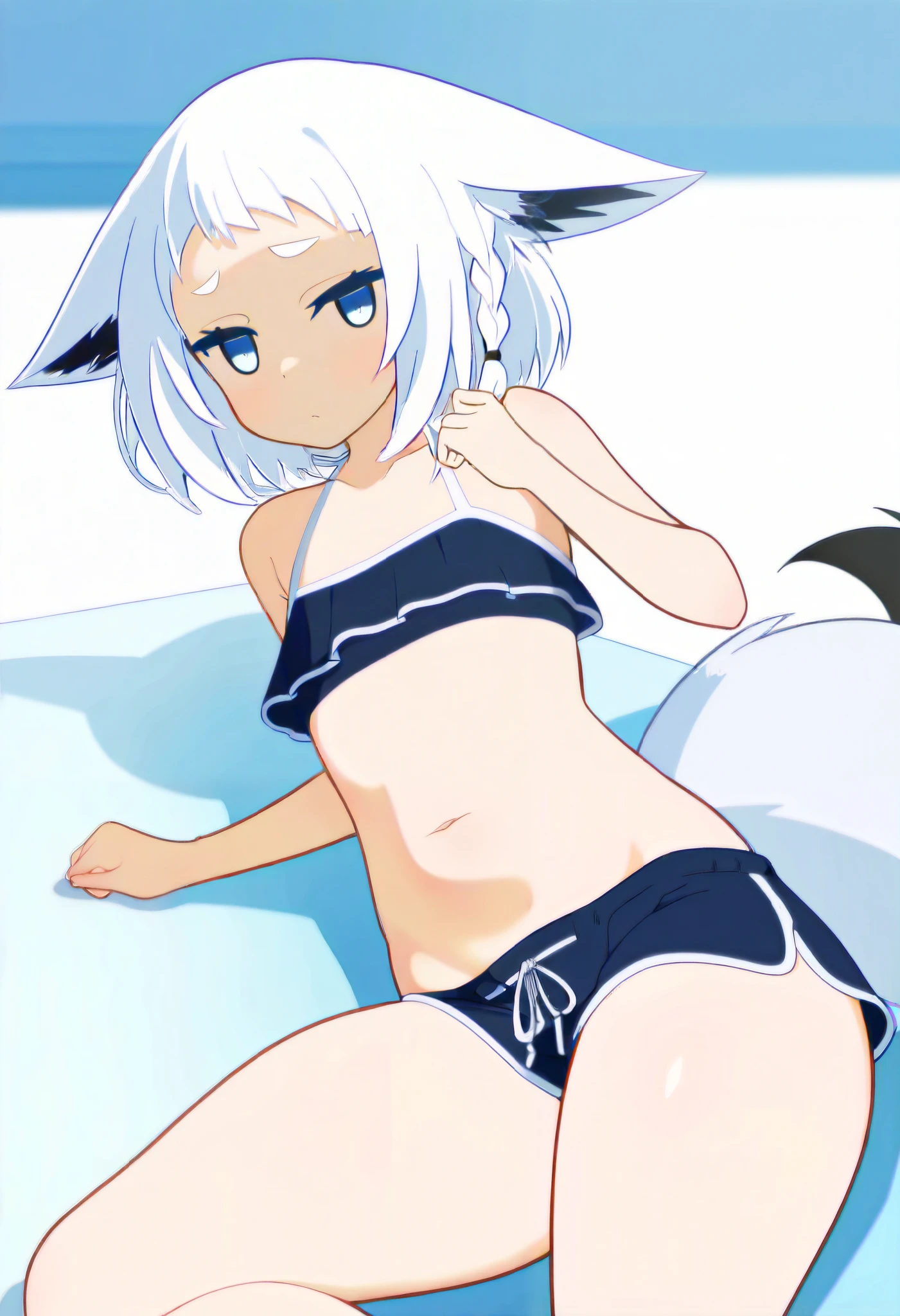 Furry white bear，White fur， body，blue color eyes，White hair，In the daytime，Glowing hair，Wearing white panties，A shy look,Lying in bed,