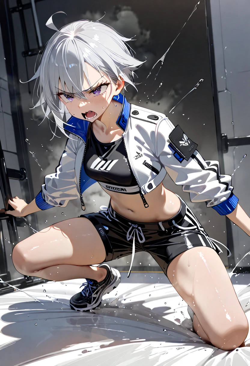 masterpiece,1girl,solo, silver hair, dynamic pose, girl, (tomboy 2.0), foot steped on guy body, sadistic, upset, croptop, crop jacket, perfect anatomy