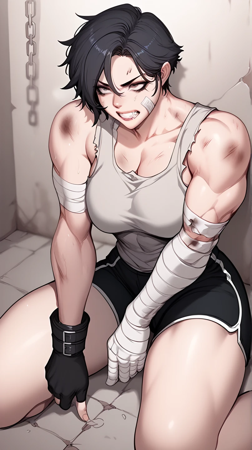 A mad woman with black short hair and huge muscular body, arms and legs, wearing a white dirty tank top and black dirty shorts, bandages on arms, chains on wrists, bruises, sitting on the ground inside the dirty jail, grits teeth, 


