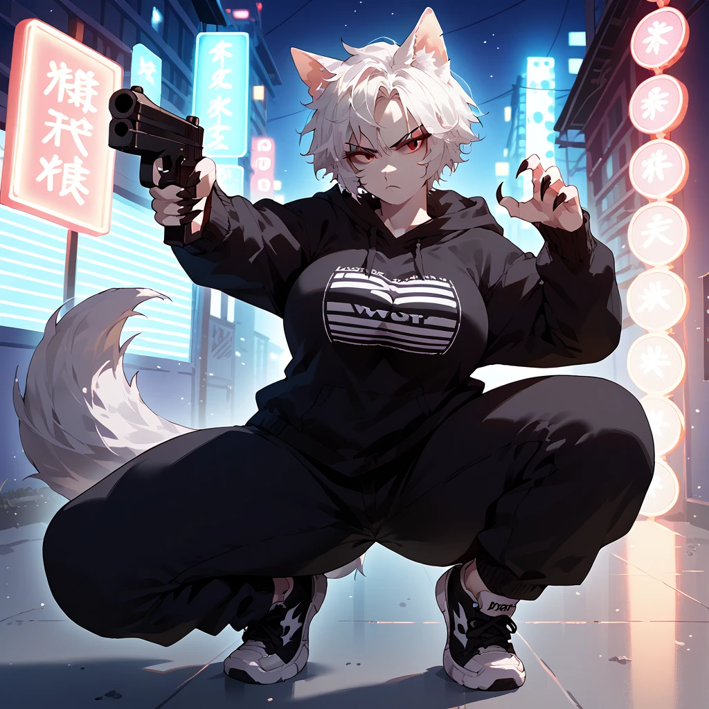 1girl, solo, short messy white hair, red eyes, slit pupils, sharp nails, wolf tail, wolf ears, big breasts, wide hips, thighs, black hoodie, black baggy pants, black sneakers, serious, holding a gun, dynamic pose, parkour, full body, looking at viewer, night city background, neon lights, from the front view