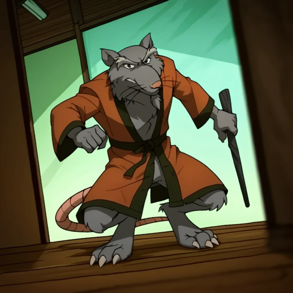 score_9, score_8_up, score_7_up, score_5_up, source_furry, Splinter03, anthro, male, rat, grey fur, rat tail,  topless,solo,  inside, full body, barefoot, action pose, open kimono, 