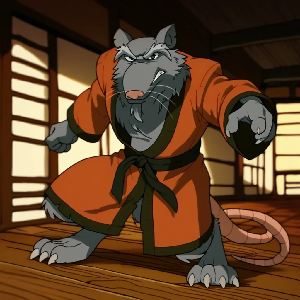 score_9, score_8_up, score_7_up, score_5_up, source_furry, Splinter03, anthro, male, rat, grey fur, rat tail,  topless,solo,  inside, full body, barefoot, action pose, open kimono, 