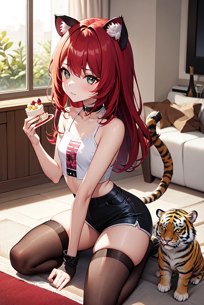 A girl sitting on the ground, on her knees holding a birthday cake in her living room. 

Description of the girl: Long red hair with cat ears, wears small shorts and stockings. She has a tiger tail. 

She is sitting