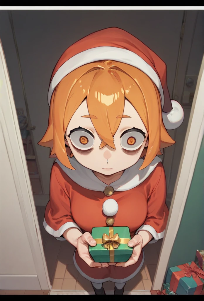 1girl, ホラー風,Santa Claus costume,Orange Hair,Hollow Eyes,insanity-angle,Stand in front of the front door, letterboxed, holding gift box, クローズアップ